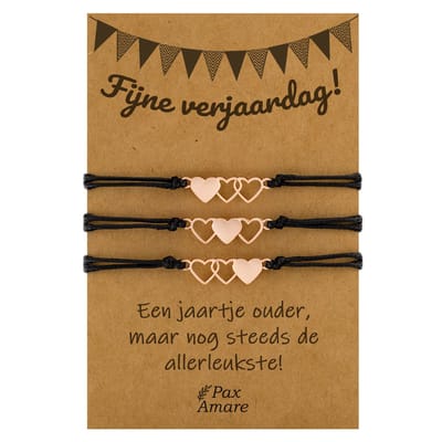 Vriendschapsarmbandjes voor 3 "Fijne verjaardag!" - Hartjes - BFF Armbandjes met Cadeau Kaartje - Rosé Goud & Zwart - Elastisch Verstelbaar - Pax Amare