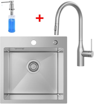 SOFETIY MAX Spoelbak Keuken 45x45CM - Spoelbakken Keuken Met Uittrekbare Uitloop Keukenkraan en Zeepdispenser 300ML - Spoelbak Met Kraangat - Wasbak Keuken RVS