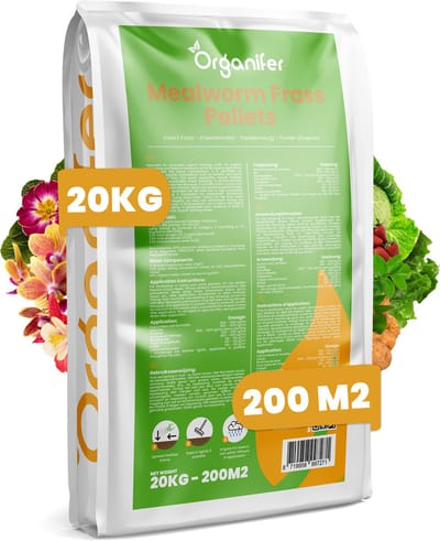 Meelworm Frass (20kg, 200m2) - Meelworm Mestkorrels - Bodemverbeteraar Gazon- Mestkorrels Tuin - Organische Meststof - NPK-waarde van 3,5-3,5-2,5 - Rijk aan Mineralen en Sporenelementen - Organifer