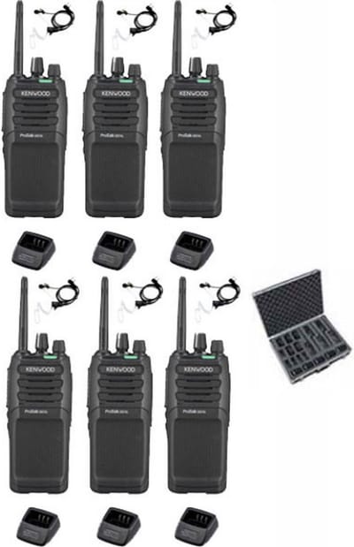 Set van 6 Kenwood TK-3701D IP55 Portofoon met beveiliging oortje tafellader koffer