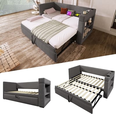 Slaapbank 90x190 cm - eenpersoonsbed met uitschuifbaar bed - armleuningen met USB- en Type-C-oplaadpoorten en bekerhouders - grijs - zonder matras