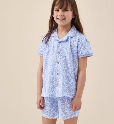 Little Label - klassieke zomer pyjama meisjes - luipaard blauw - 122-128 / 8Y - extra zachte bio-katoen