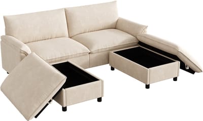 Modulaire hoekbank in segmenten - woonkamer hoekbank - modern diepzitontwerp - met 2 losse poefs - hoge rugleuning - beige