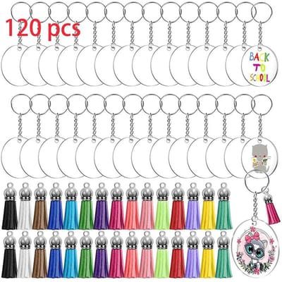Ensemble de 120 porte-clés en acrylique stable, chaîne, anneau de liaison, pompon en cuir, kit pour bricolage white