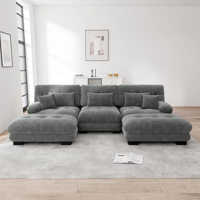 Modulaire chenille U-bank met slaapfunctie en ottoman - diepe cloud zit - 4-6 personen - grijs - modulair op te stellen als U-, L- of rechte bank