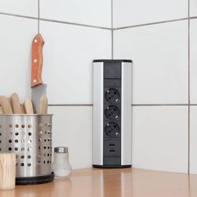 DELIGHT - Inbouw Hoekstekkerdoos met 2X USB en 3 Stopcontacten - Hoek Stekkerdoos Zilver met Zwart