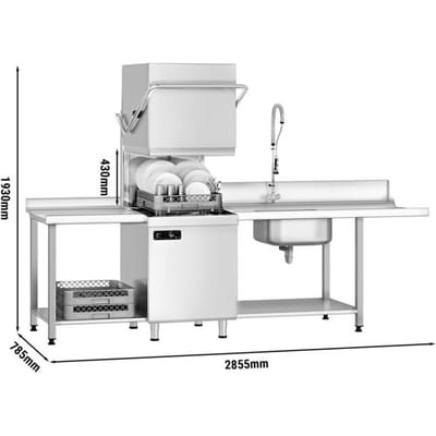 GGM Gastro Durchschubspülmaschine - Manuell - 6,52 kW - inkl. Zulauftisch rechts & Auslauftisch links - mit Reiniger-, Klarspüler- & Laugenpumpe