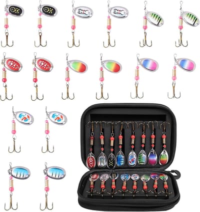 Ynkkvre - Kunstmatige Aas Spinner Set - 16-delige Kunstmatige Aas Spinner Vissen - Pailletten Kunstmatige Aas met Opbergdoos - Voor Forel, Baars, Snoekbaars, Zalm, Snoek, Walleye