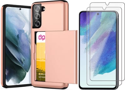 Hoesje met Pasjeshouder geschikt voor Samsung Galaxy S21 FE - 2x Screen Protector GlassGuard - Back Cover SlideCase Roségoud & Screenprotector