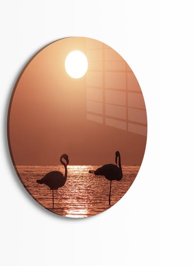 Indoorart - Muurcirkel Flamingo Sunset Plexiglas 30 cm - Wanddecoratie - Afbeelding op Plexiglas - Inclusief ophangplaat