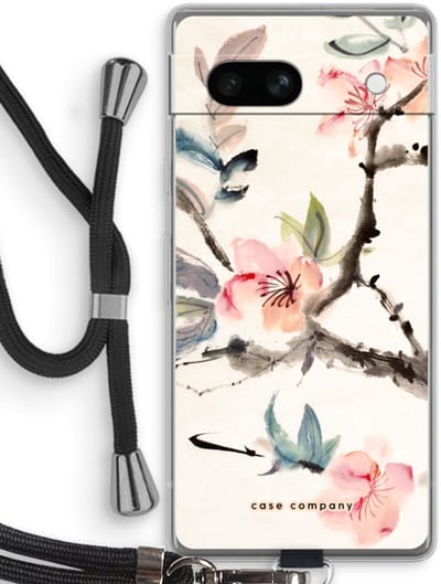 Case Company® - Hoesje met koord geschikt voor Google Pixel 7A hoesje met Koord - Japanse bloemen - Telefoonhoesje met Zwart Koord - Bescherming aan alle Kanten en Over de Schermrand
