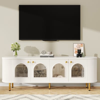 MODFU - Tv-Meubel - Met Glazen Deuren En Kabeldoorvoer - Modern - Voor Woonkamer - MDF - Wit En Goud - 170 x 35 x 55 cm