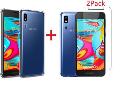 Hoesje Geschikt Voor Samsung Galaxy A2 Core Anti Shock Hoesje TPU Back Cover Met 2pack glazen Screenprotector - Transparant
