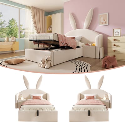 Eenpersoonsbed - 90x200 - Hydraulisch opbergbed met konijnenoor design en nachtkastje - fluweel - beige - zonder matras