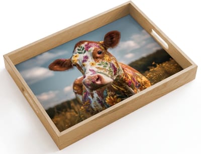 Dienblad hout 40x30 cm - Schootdienblad - Koe - Bloemen - Weiland - Borrelplank rechthoek - Plateau dienbladen