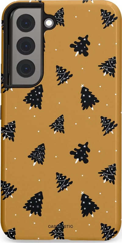 Casetastic hoesje geschikt voor Samsung Galaxy S22 - Dubbellaagse bescherming - Zwarte Kerstboom Feest - Fashion Case - Goud Donkergrijs Taupe
