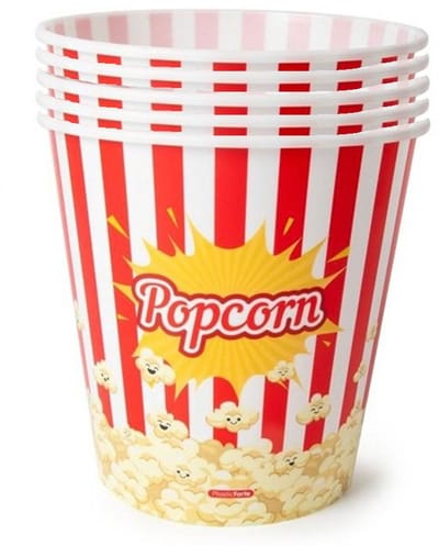 Plasticforte Popcorn bak - 4x - rood/wit retro print - kunststof - 18 x 18 cm - 2.8 liter - herbruikbaar
