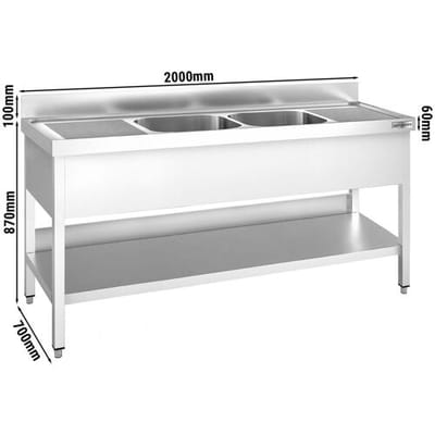GGM Gastro Spültisch PREMIUM - 2000x700mm - mit Grundboden - mit 2 Becken mittig Zilver
