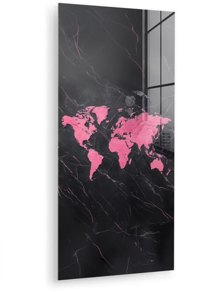 MuchoWow® Glasschilderij 40x80 cm - Schilderij acrylglas - Wereldkaart - Roze - Marmer - Foto op glas - Muurdecoratie woonkamer - Wanddecoratie slaapkamer - Schilderijen