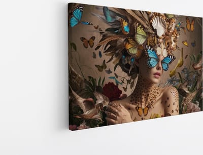 Saammp Canvas Schilderij - Vrouw met Vlinders En Bloemen - 30x20 - Foto op canvas - Wanddecoratie - Muurdecoratie Woonkamer - Slaapkamer decoratie - Canvas Print