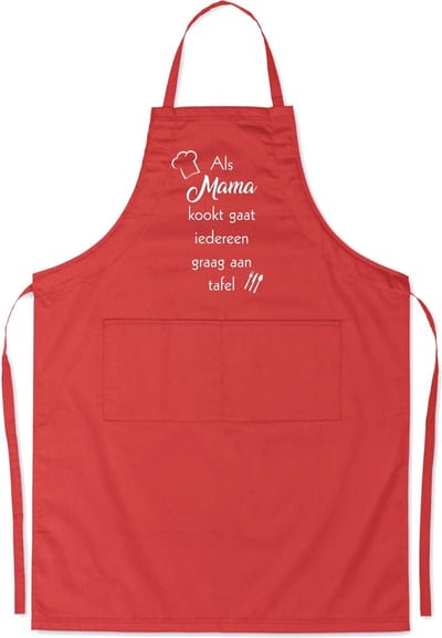mijncadeautje - luxe schort - rood - Als mama kookt, gaat iedereen graag aan tafel - opdruk wit