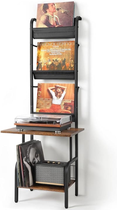 Platenspeler Standaard met Vinyl Opslag - Ruimtebesparend Verticaal Design - Grote Capaciteit tot 200 Platen - Stevig Metaal & Hout - Woonkamer Slaapkamer Audio Setup - Vinyl Rek Platenkast Opbergmeubel