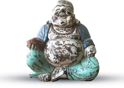 Vintage handgesneden Boeddhabeeld in de kleur blauw munt - 30 cm - Happy Buddha