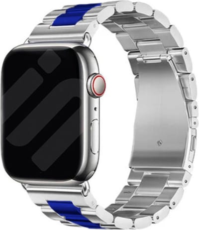 Strap-it Stalen schakel band - Geschikt voor Apple Watch bandje - Series 1/2/3/4/5/6/7/8/9/10/11/SE/SE2/SE3 - Zilver/Blauw - Metalen band met RVS vlindersluiting - RVS iWatch bandje voor maat: 38 / 40 / 41 / 42mm