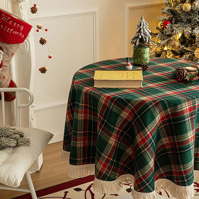 Qelus Tafelkleed Kerst met Kwastjes - Tafelkleed Kerst - Tafelkleed Rond & Katoen Mix - Tafelkleed Afwasbaar - 90cm x 90cm Feestelijke Tafeldecoratie