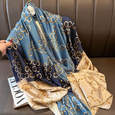 Zachte Imitatiezijde Sjaal 90x180 cm voor Dames - Hoofddoek, Bandana en Halsdoek-F-292 - Blue-Brown