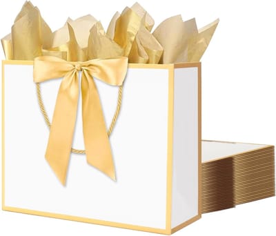 Grote Geschenkzakken - Papieren Tassen - Feestelijke Verpakking - Met Lint en Tissue - 30x10x25 cm - Wit Goud