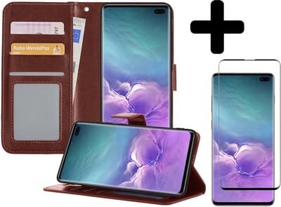 Hoesje - Met Screenprotector - Geschikt voor Samsung Galaxy S10 - Luxe Pasjeshouder - Bookcase Portemonee - Flip Case - Kunstleer Book Case - Flipcase - Book Cover - Walletcase - Portemonneehoes - Telefoonhoesjes - Bruin