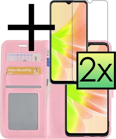 Hoesje - Met 2x Screenprotector - Geschikt voor OPPO A17 - Luxe Pasjeshouder - Bookcase Portemonee - Flip Case - Kunstleer Book Case - Flipcase Hoes - Book Cover - Walletcase - Portemonneehoes - Lichtroze