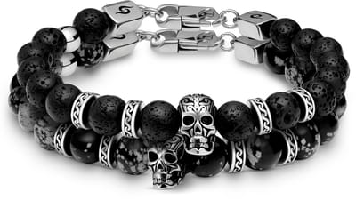 Rico Zilverkleurige Schedelarmbanden van Lavasteen en Sneeuwvlokobsidiaan