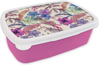 Broodtrommel Roze - Lunchbox - Brooddoos - Bloemen - Regenboog - Jungle - Patroon - Vintage - 18x12x6 cm - Kinderen - Meisje