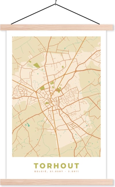 Posterhanger incl. Poster 40x60 cm - Schoolplaat - Plattegrond - Stadskaart - Kaart - Torhout - België - Textielposter - Blanke latten - Stadskaart
