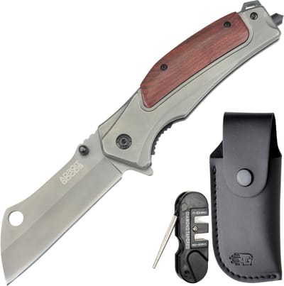 AdroitGoods Tactisch RVS zakmes met grijs titaniumlook en hout, incl. hoes en slijptool - Premium Outdoor Opvouwbaar Zakmes – 19 cm Vouwmes met 9 cm 3Cr13 RVS Snede, 3.0 mm Dikke Titaniumgrijze Coating