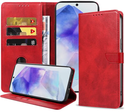 Geschikt voor Samsung Galaxy A55 Telefoonhoesje Kunstleer met Magnetisch lipje en Pasjeshouder Book Case met Klepje - Rood - Smartphonica geschikt voor Samsung Galaxy A55