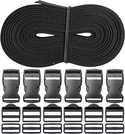 Gordelbandset met 18 gespen, 6 meter lang, 20 mm breed, in zwart, gordelband van PET-materiaal, gordelbandset met elk 6 x 20 mm gespen, laddergesp, staafgesp, tasriem bouwpakket