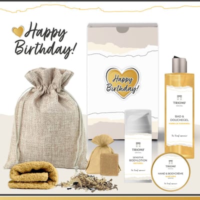 Geschenkset “Happy Birthday!” - 6 producten - 520 gram - Triomf Cosmetica | Cadeau voor haar Cadeaupakket Feestje Luxe Wellness Pakket Giftset Fleece deken Douchegel Vanille Karamel Verjaardag Vrouw Gefeliciteerd Speciaal Party Gift Set Okergeel Goud