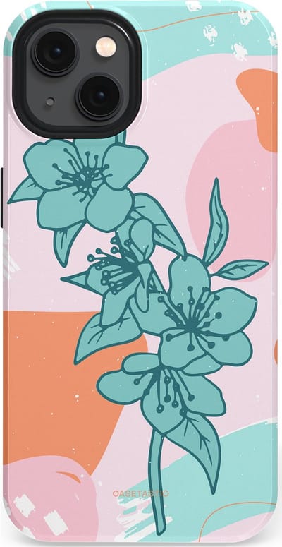 Casetastic hoesje geschikt voor Apple iPhone 13 - MagSafe - Dubbellaagse bescherming - Roze Oranje Turqoise Bloemen Modern - Fashion Case - Wit Mintgroen Perzik Lichtroze