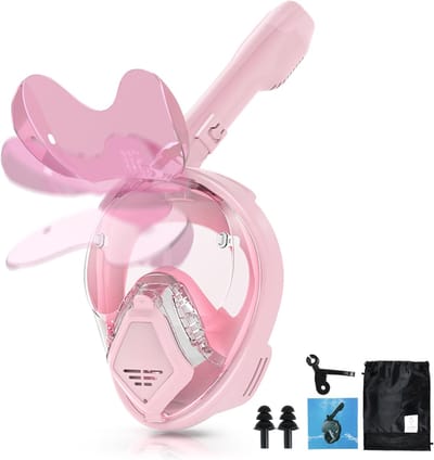 Volgelaatssnorkelmasker voor volwassenen – Snorkelset met Dry Top-systeem en opvouwbare zonnebril – Snorkeluitrusting met 180° panoramisch zicht – Duikmasker: lekvrij en condensvrij（Roze，M）