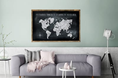 Aluminium schilderij 120x80 cm - Wanddecoratie metaal - Wereldkaart - Quote - Krijtbord - Metalen muurdecoratie woonkamer - Decoratie industrieel - Foto op dibond - Industriële accessoires slaapkamer