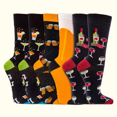 Heren sokken 42-47 | pakket 6 paar | Grappige sokken | Vrolijke sokken | Happy socks printjes | Thema: Drinken | Drukvrije teennaden | ademend katoen