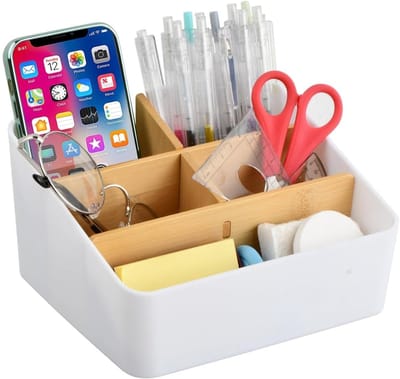 Famanu – Bamboe bureau-organizer met 5 beweegbare vakken – penhouder – make-up/afstandbediening orga