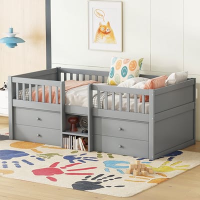 REDOM halfhoog ledikant 90x200 cm – Grenen + MDF grijs – 4 lades – Veiligheidshek
