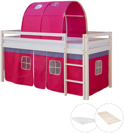 Homestyle4u Hoogslaper - 90x200 cm - met matras - tunnel - roze gordijn en lattenbodem