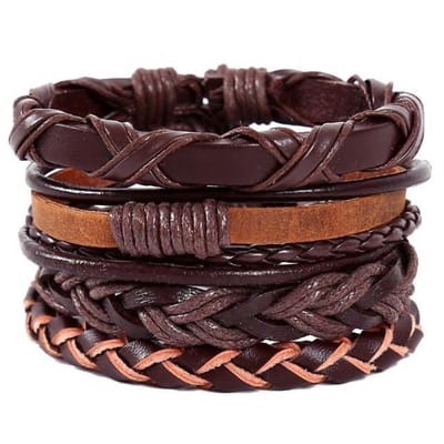 Fako Bijoux® - Leren Armband - Leder - Set Franco - 4 Stuks - Bruin