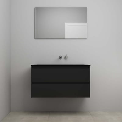 On-Line Badkamermeubelset - 100 cm - Voorgemonteerd - Ladestructuur - Acryl Wastafel - zonder Kraangat - Spiegel - Mat Zwart