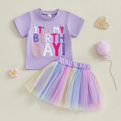 Citgeett Symmer Tenue d'Anniversaire pour Fille Bébé Enfant Hauts à Manches Courtes Broderie Lettres Jupe Plissée Colorée Ensemble de Vêtements 2-3Y gray
